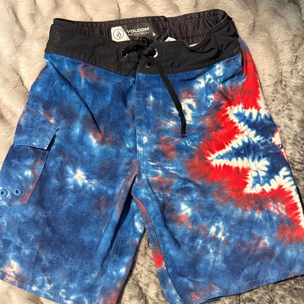 Volcom Kids Blue, Red and White Tie-Dye Swim Trunks